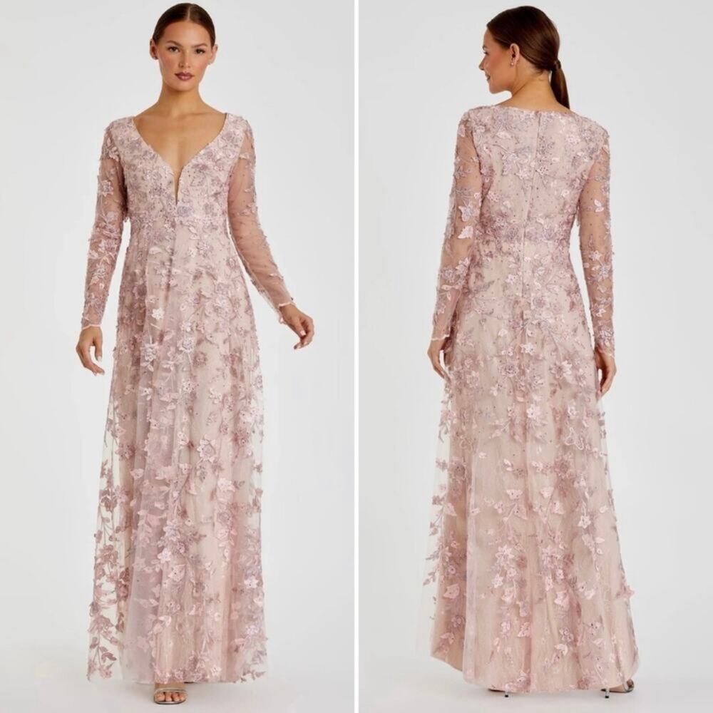 Mac Duggal Pink Floral Applique Illusion Long Sleeve Gown 70224 Sz 6 NWT - Picture 3 of 9